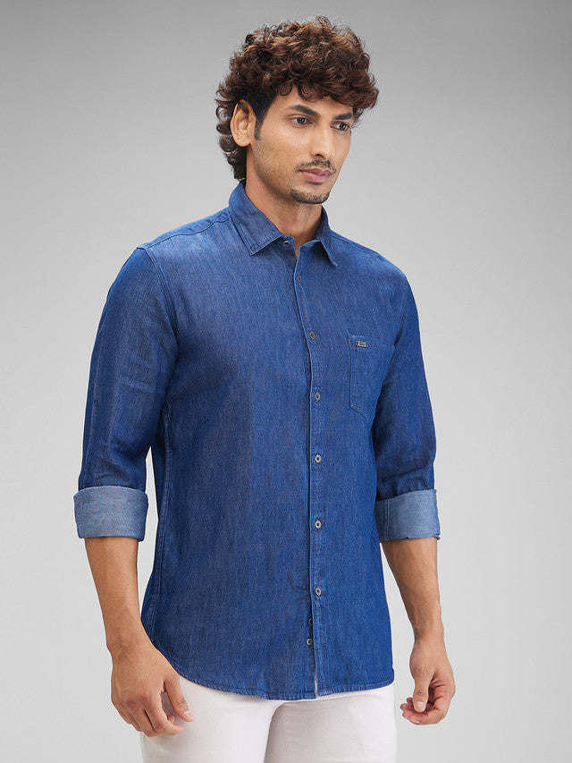 Parx Blue Solid Slim Fit Cotton Casual Shirt