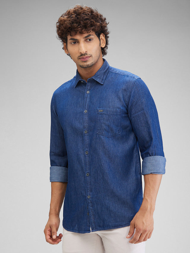 Parx Blue Solid Slim Fit Cotton Casual Shirt