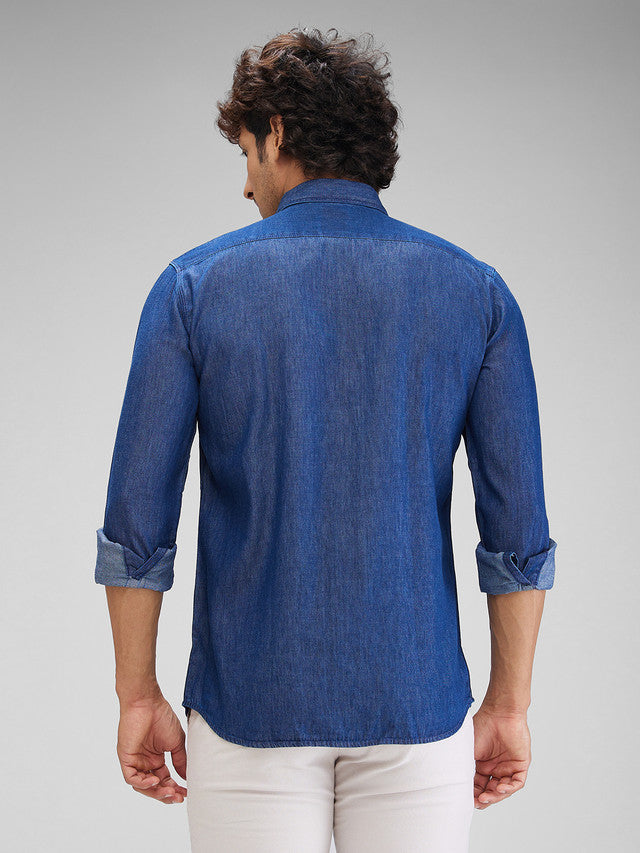 Parx Blue Solid Slim Fit Cotton Casual Shirt