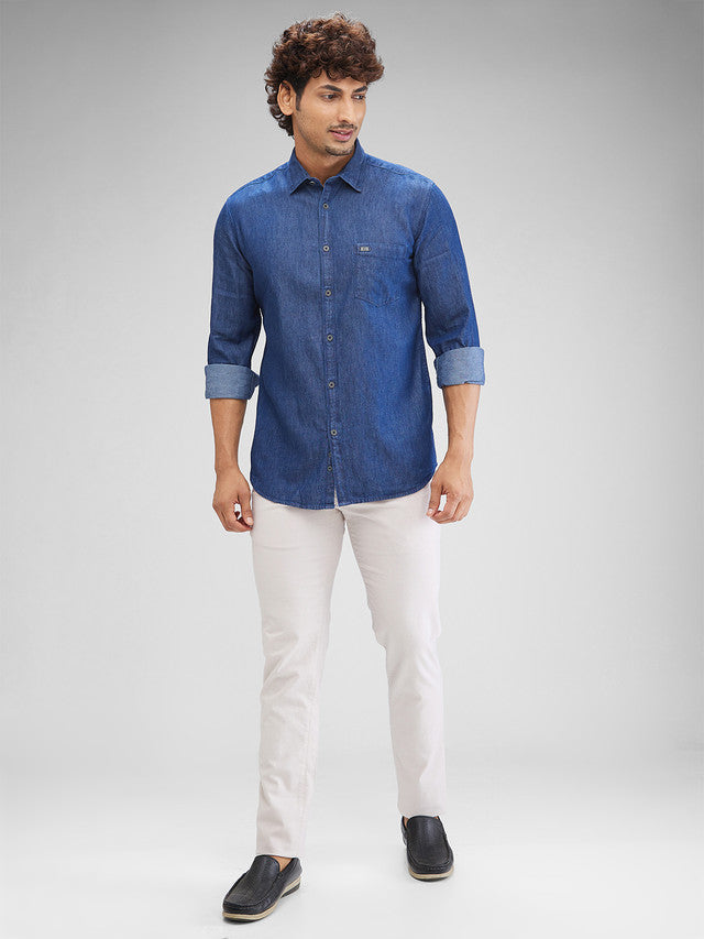Parx Blue Solid Slim Fit Cotton Casual Shirt