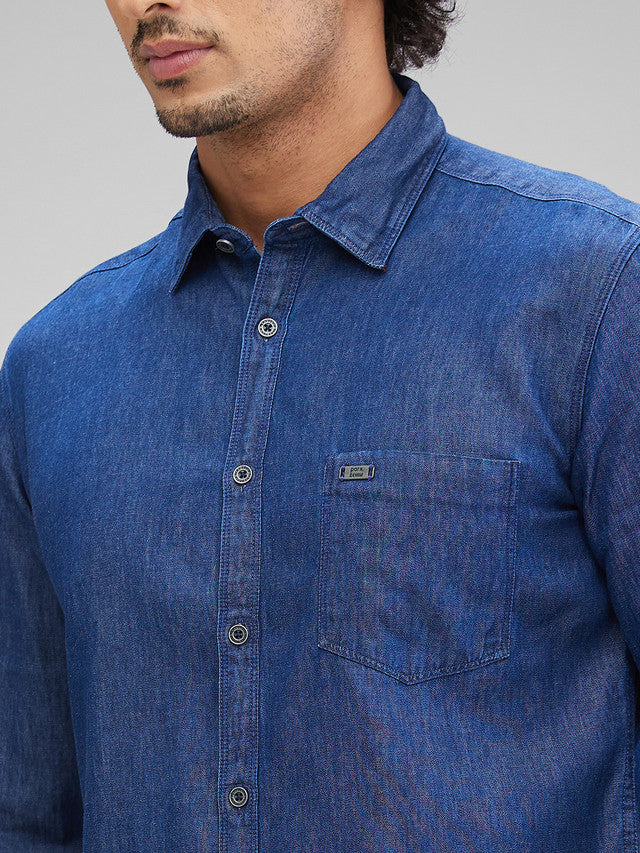 Parx Blue Solid Slim Fit Cotton Casual Shirt