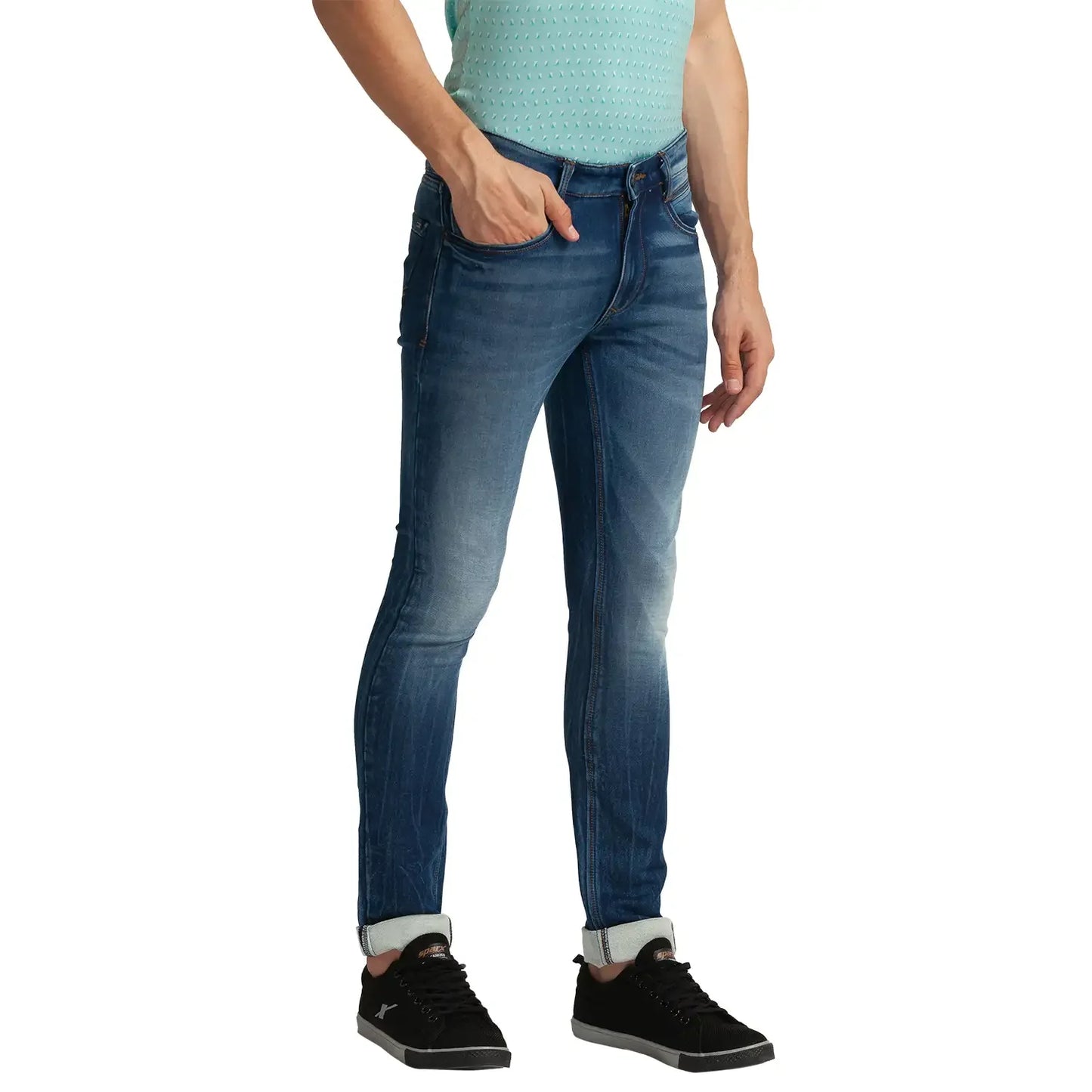 Men Blue Skinny Cropped Fit Plain Cotton Blend Jeans