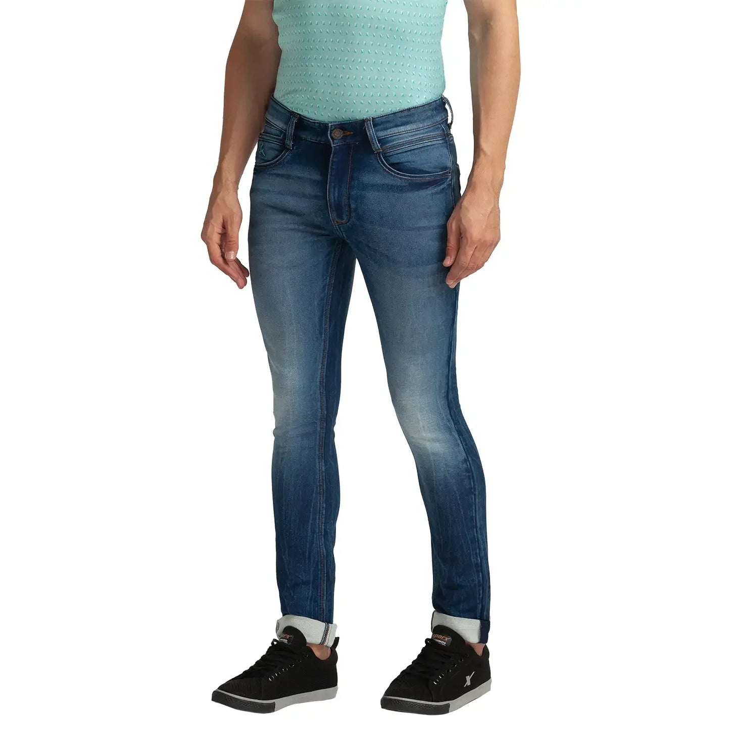 Men Blue Skinny Cropped Fit Plain Cotton Blend Jeans