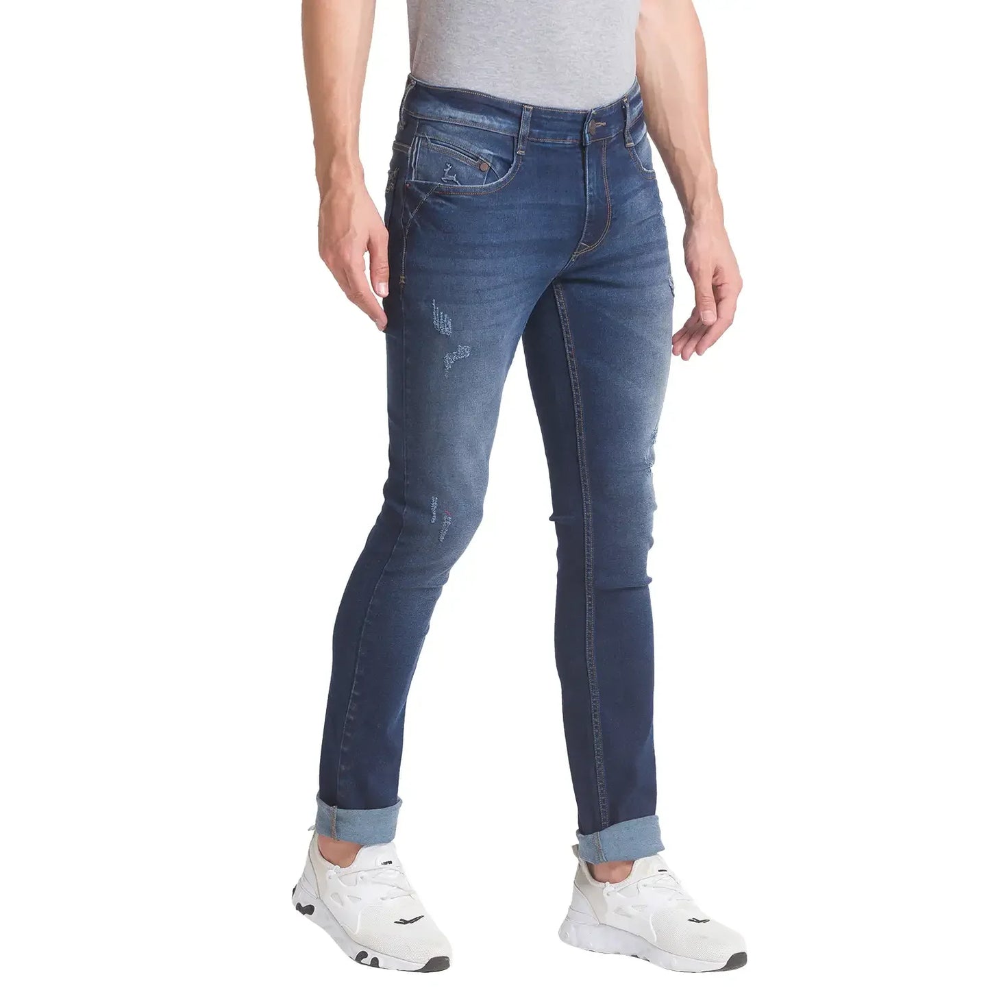 Men Blue Skinny Cropped Fit Plain Cotton Blend Jeans
