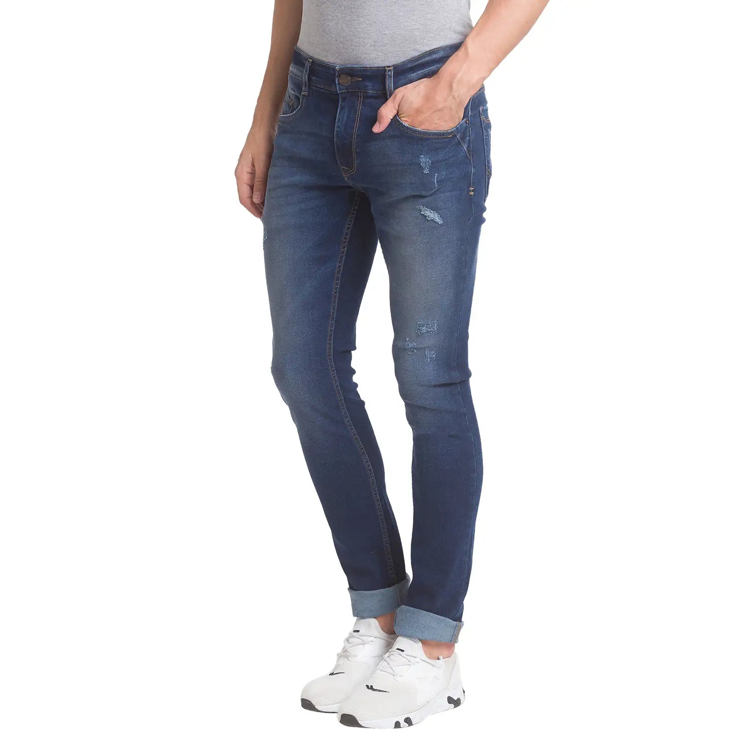 Men Blue Skinny Cropped Fit Plain Cotton Blend Jeans