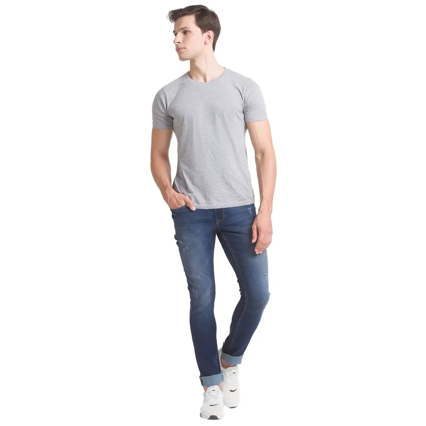 Men Blue Skinny Cropped Fit Plain Cotton Blend Jeans