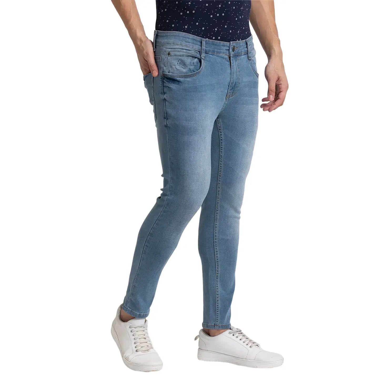 Men Blue Skinny Cropped Fit Twill Cotton Blend Jeans