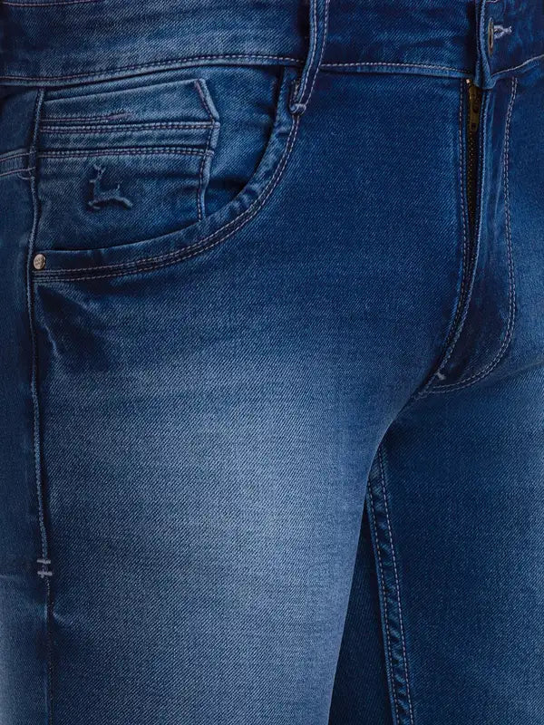 Men Blue Slim Tapered Fit Dobby Cotton Blend Jeans