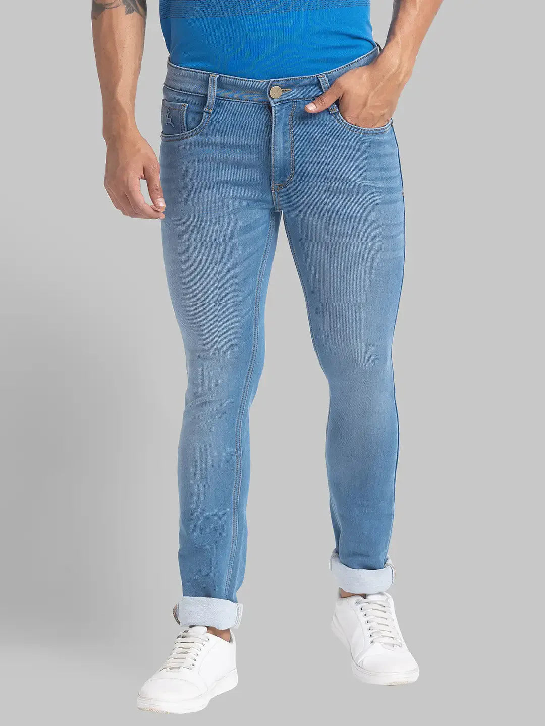 Men Blue Skinny Cropped Fit Plain Cotton Blend Jeans