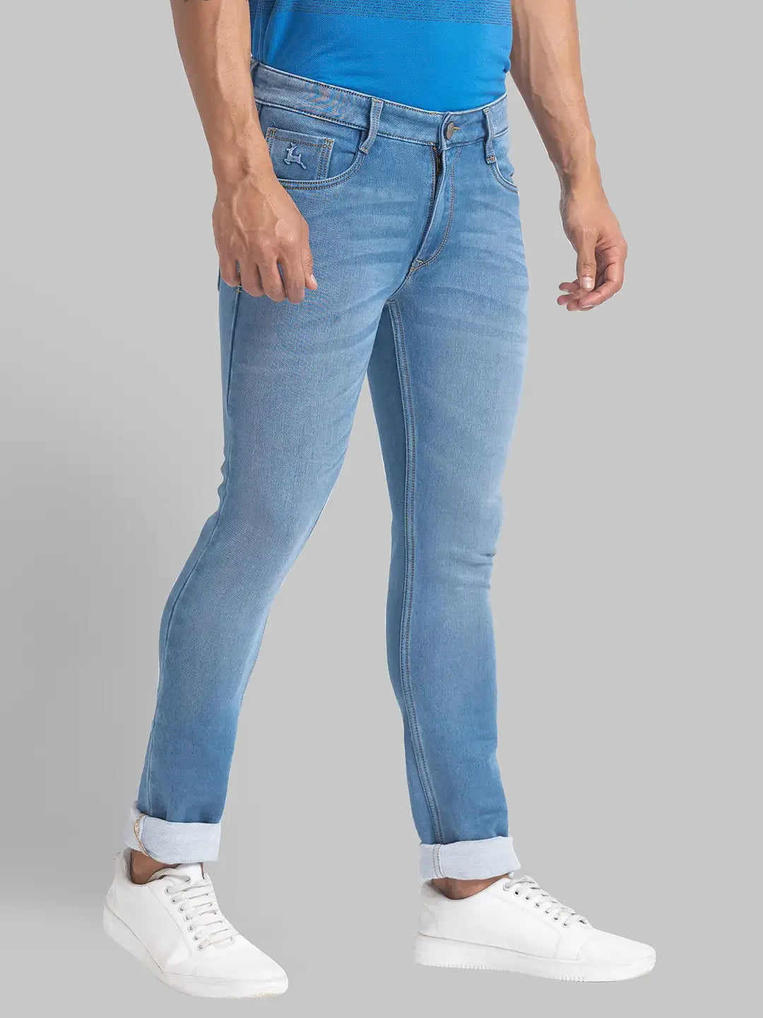 Men Blue Skinny Cropped Fit Plain Cotton Blend Jeans