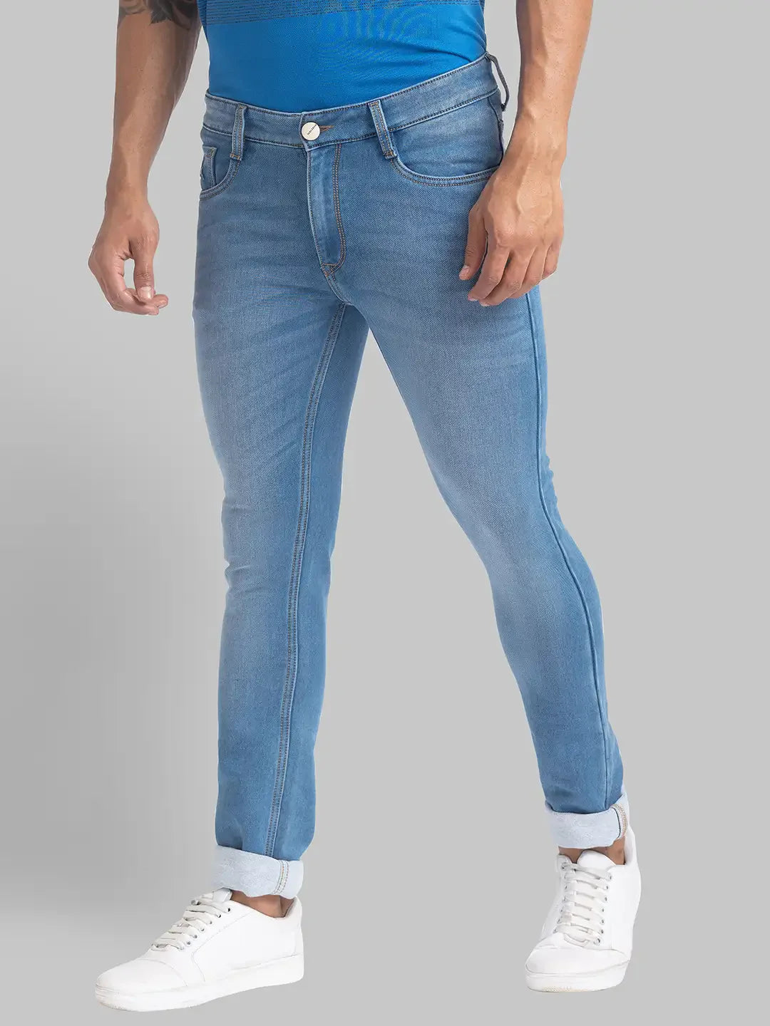 Men Blue Skinny Cropped Fit Plain Cotton Blend Jeans