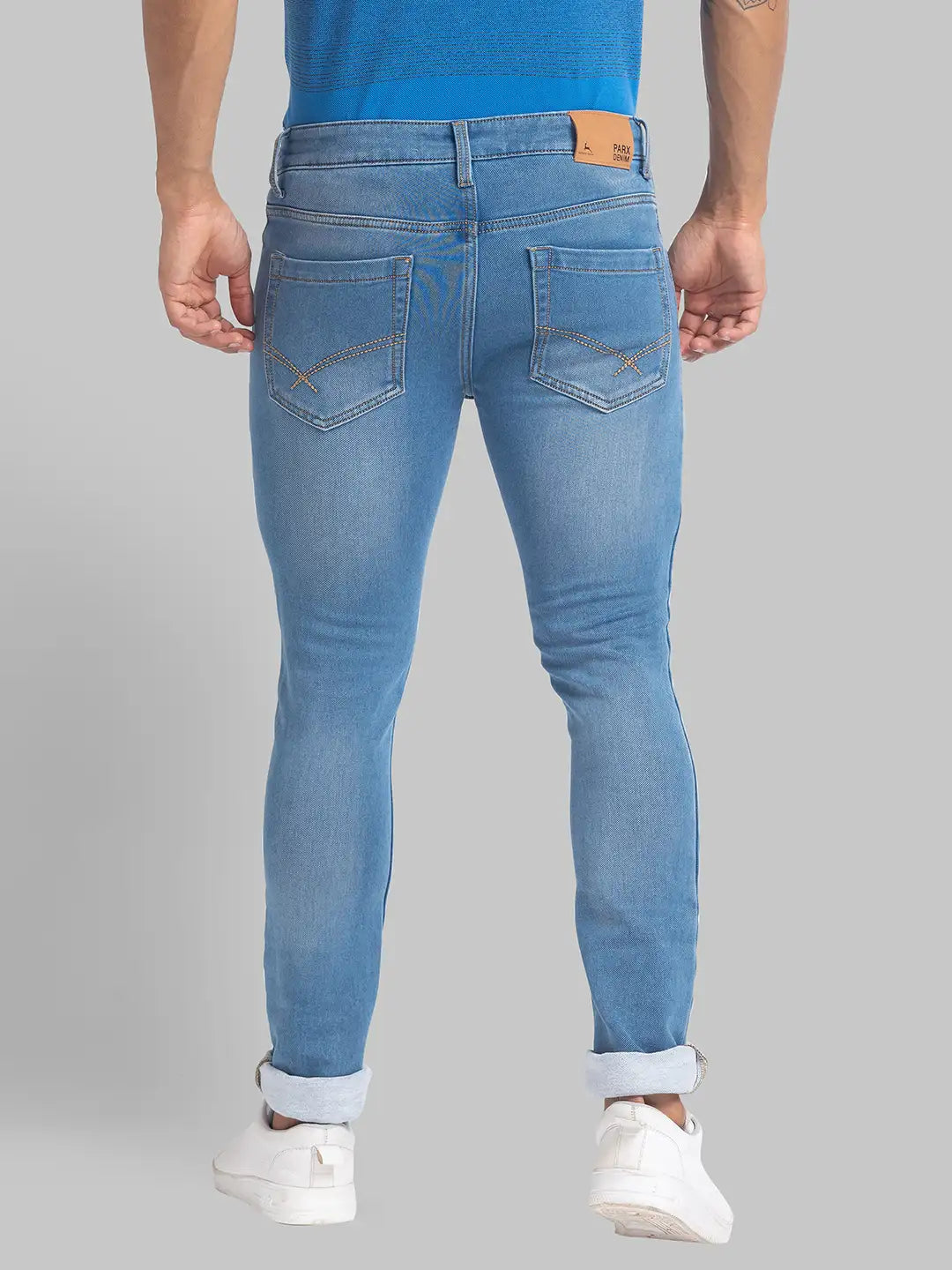 Men Blue Skinny Cropped Fit Plain Cotton Blend Jeans