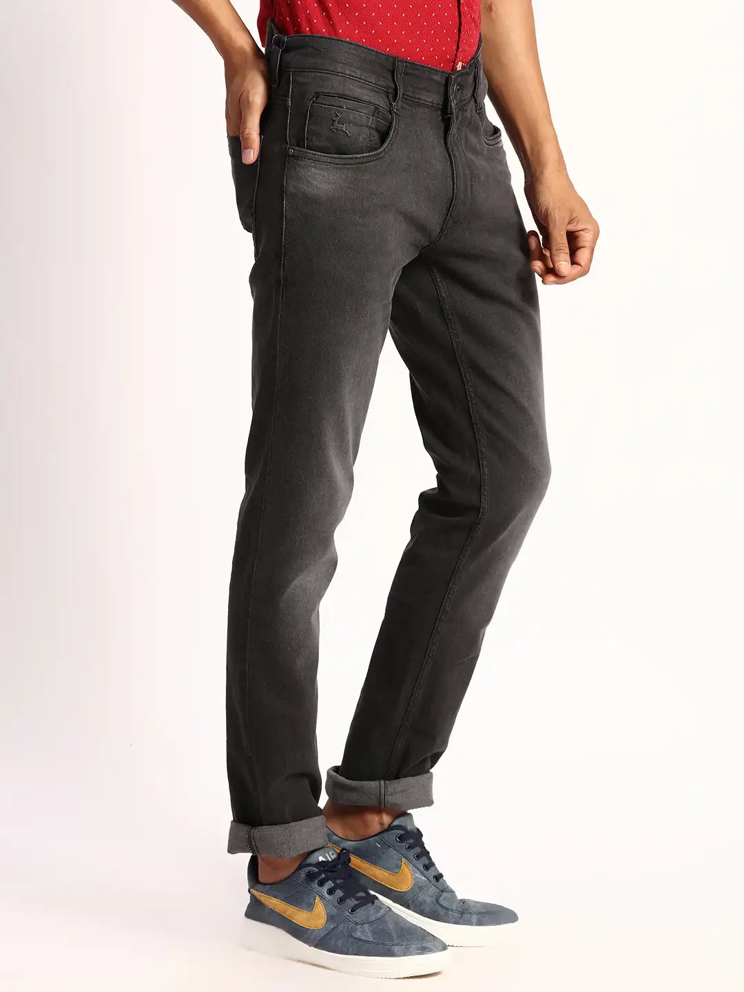 Men Black Slim Tapered Fit Plain Cotton Blend Jeans