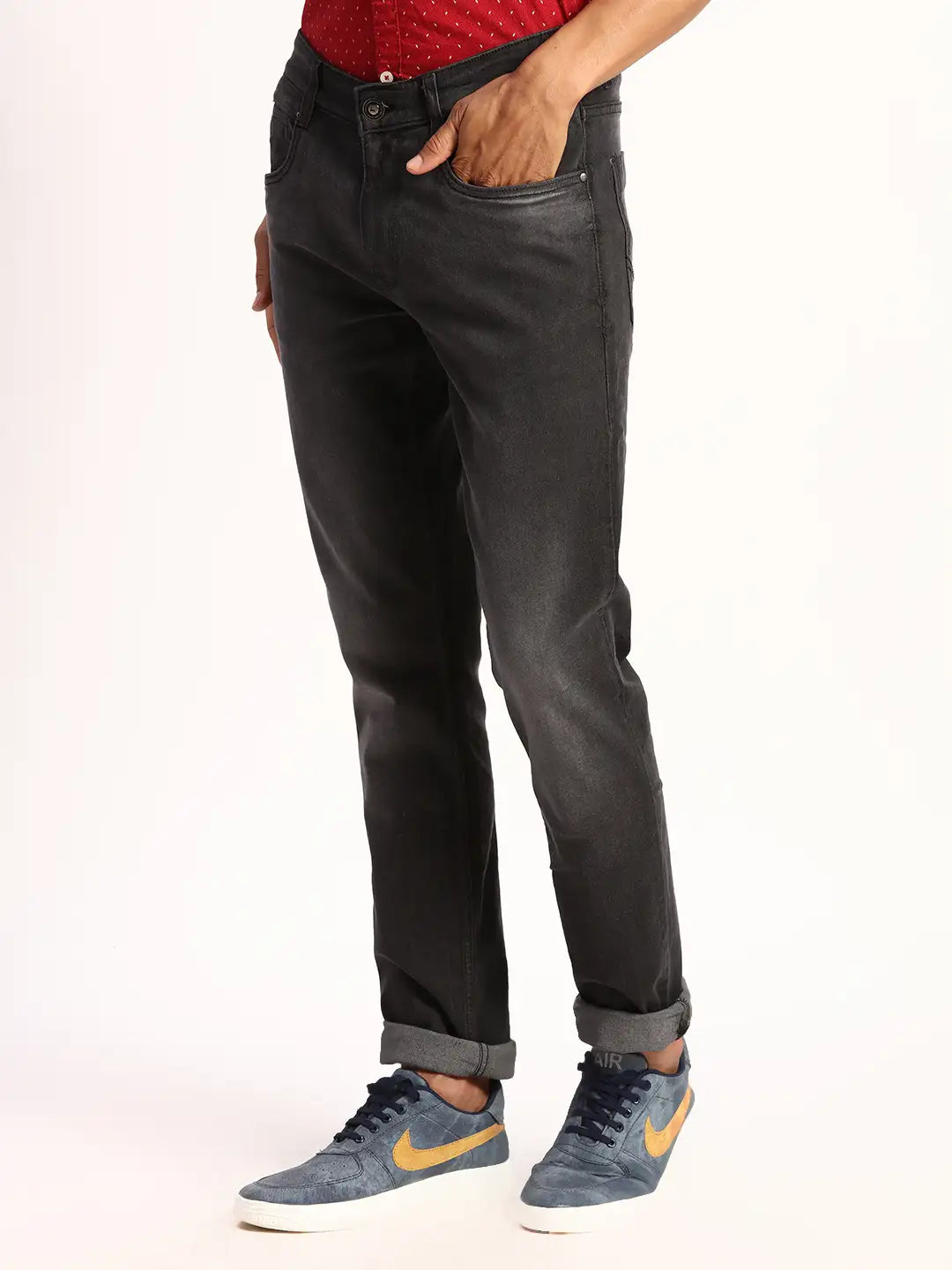 Men Black Slim Tapered Fit Plain Cotton Blend Jeans
