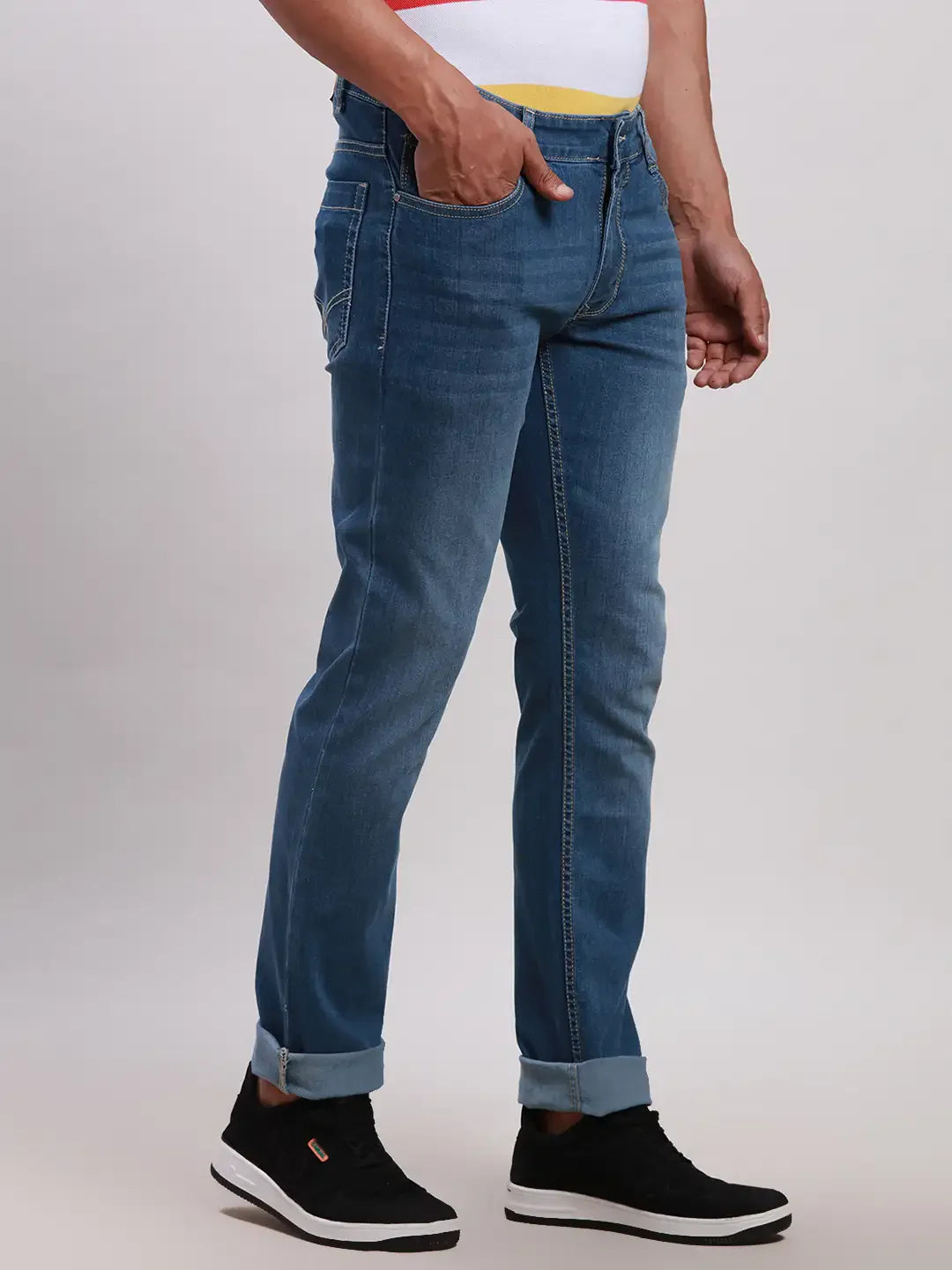 Parx Men Blue Plain Slim Tapered Fit Cotton Blend Jeans
