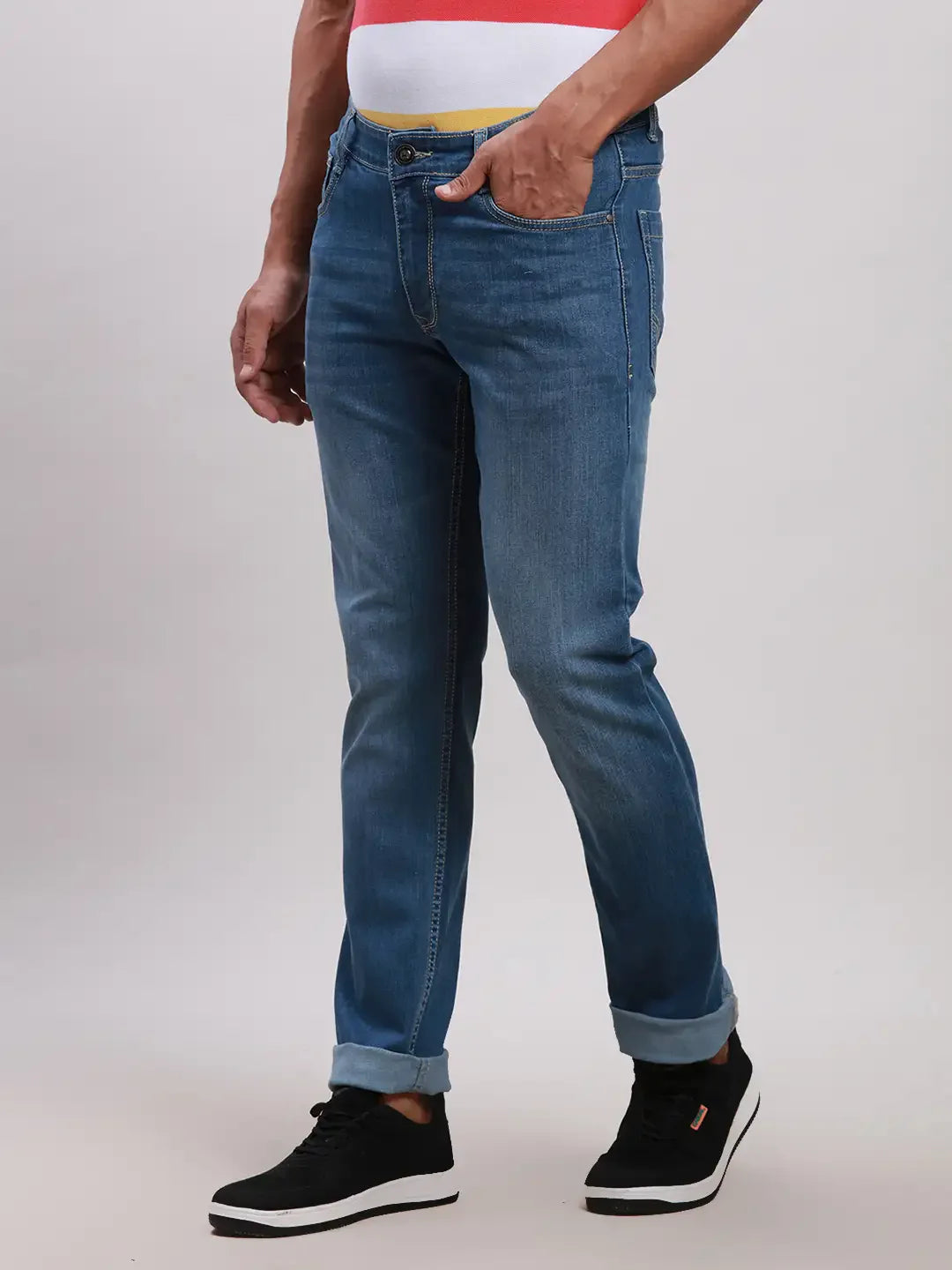 Parx Men Blue Plain Slim Tapered Fit Cotton Blend Jeans