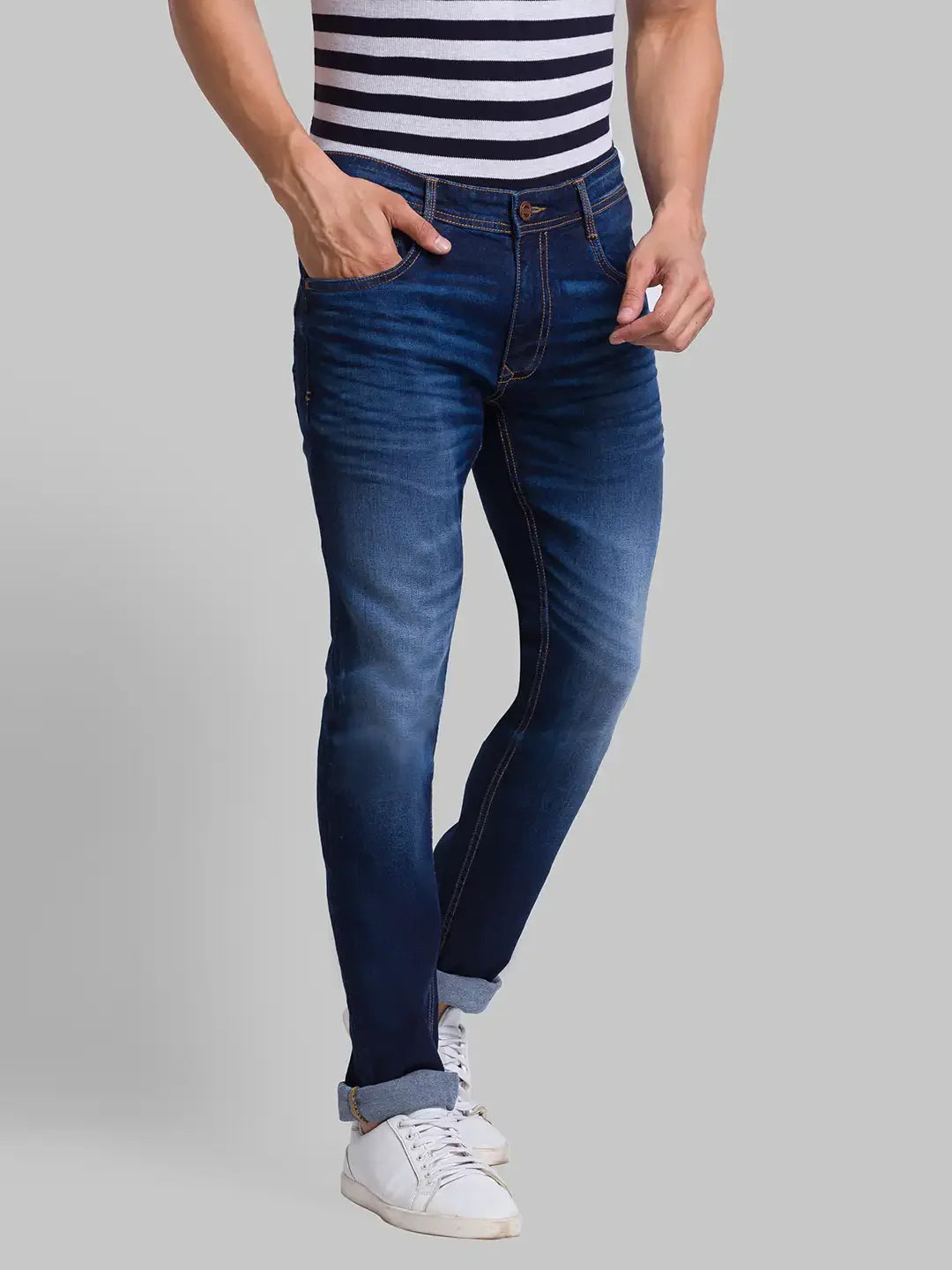 Men Blue Skinny Cropped Fit Jacquard Cotton Blend Jeans
