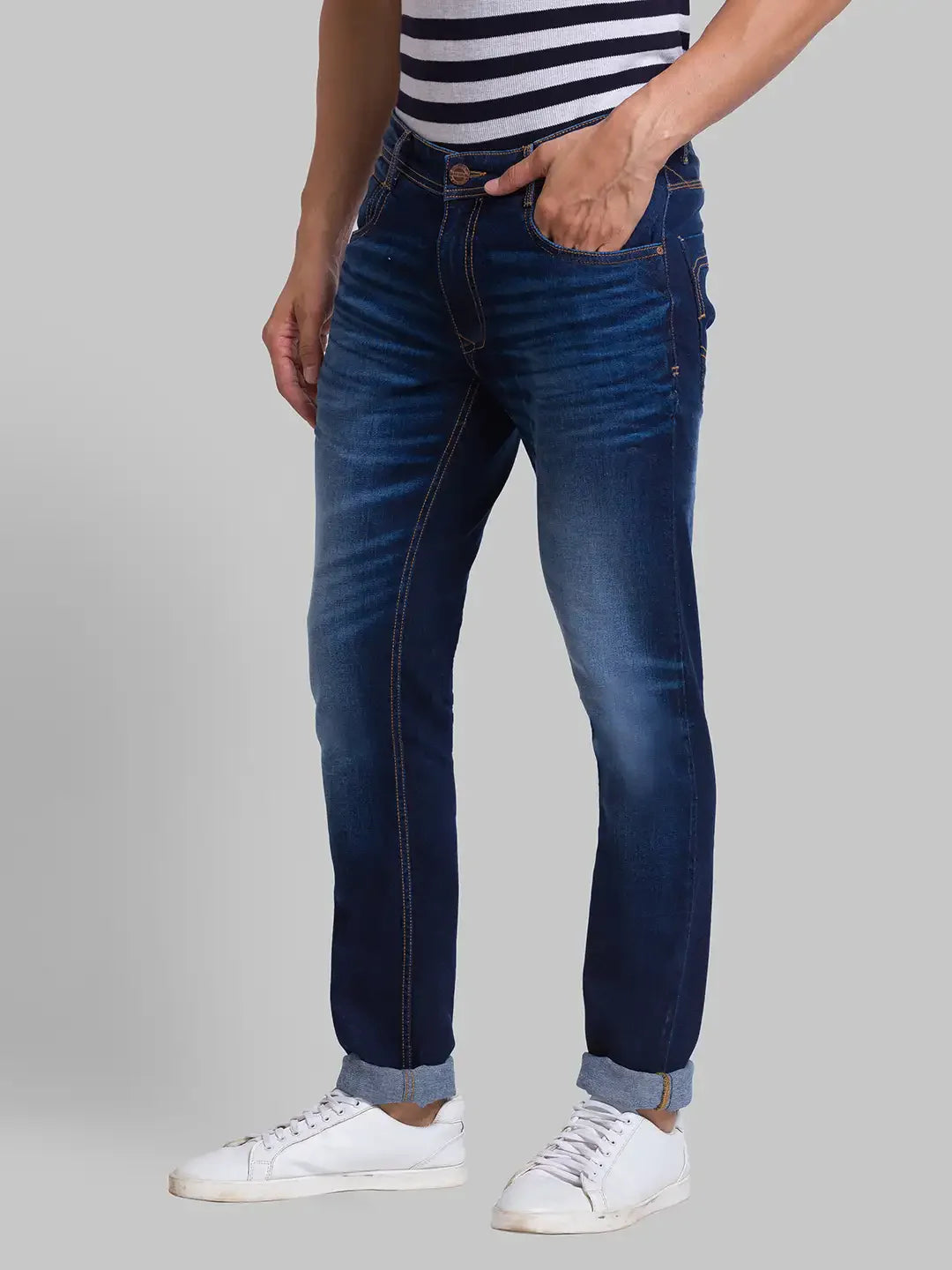 Men Blue Skinny Cropped Fit Jacquard Cotton Blend Jeans