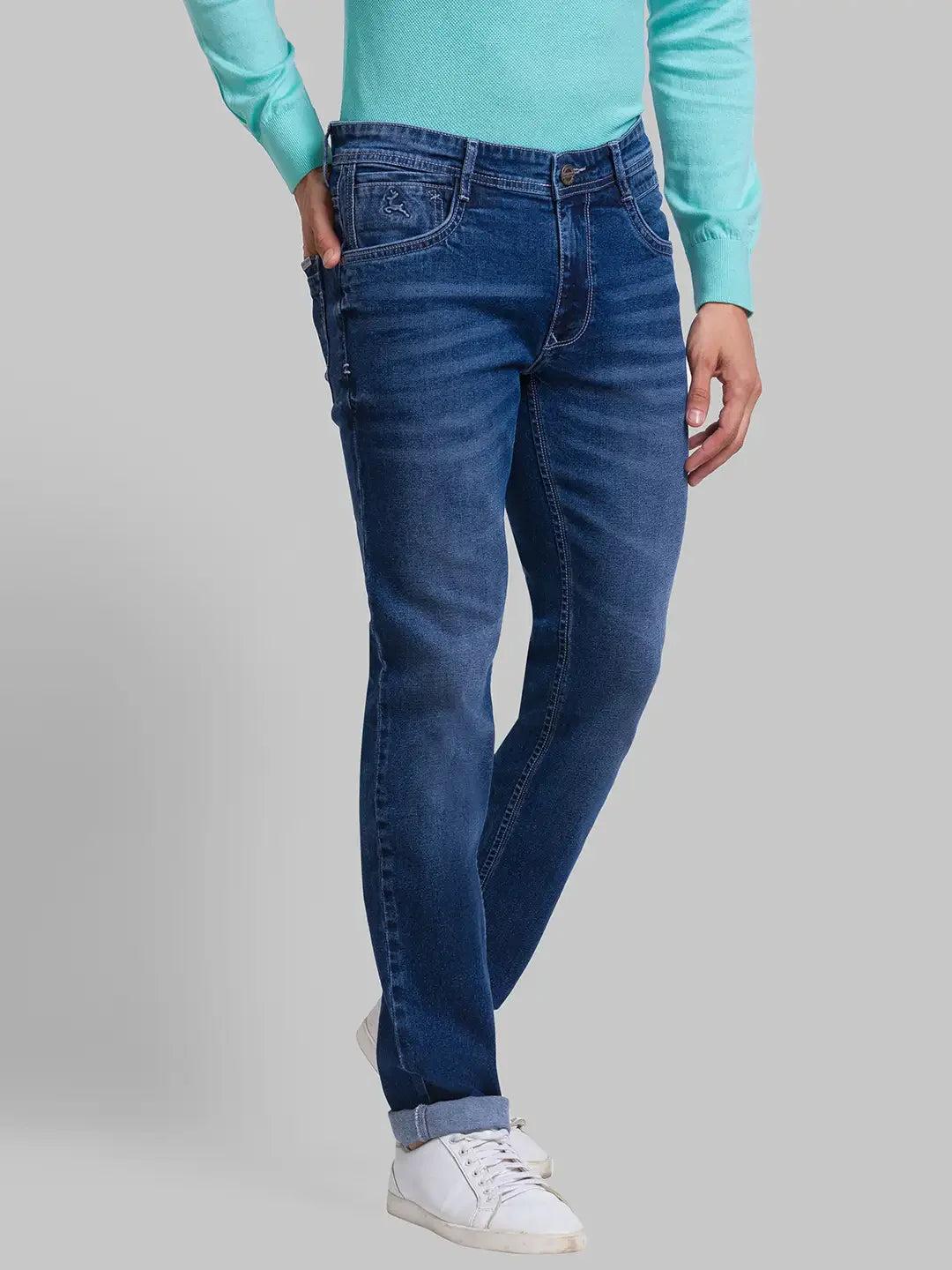 Men Blue Slim Tapered Fit Jacquard Cotton Blend Jeans