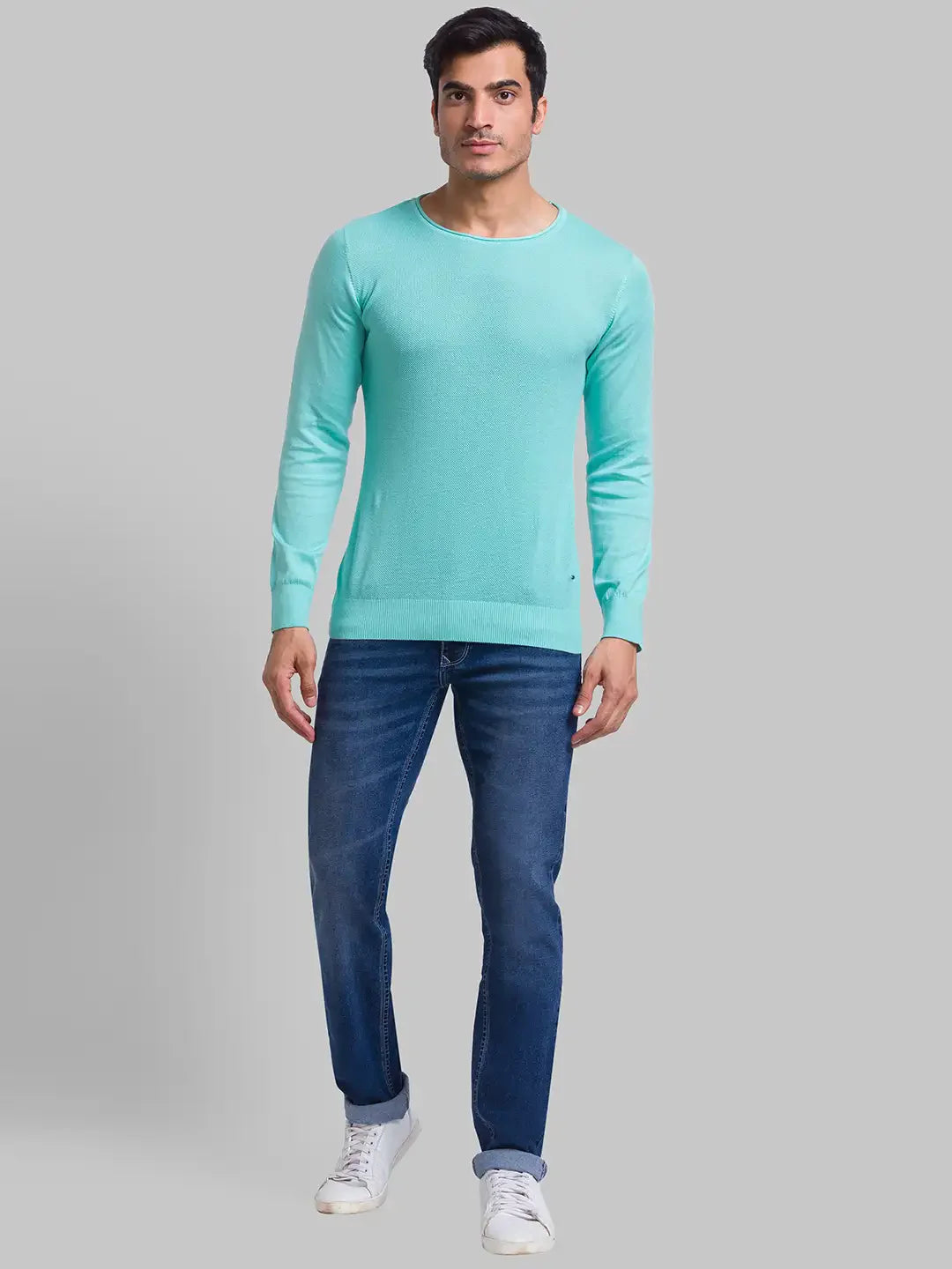 Men Blue Slim Tapered Fit Jacquard Cotton Blend Jeans