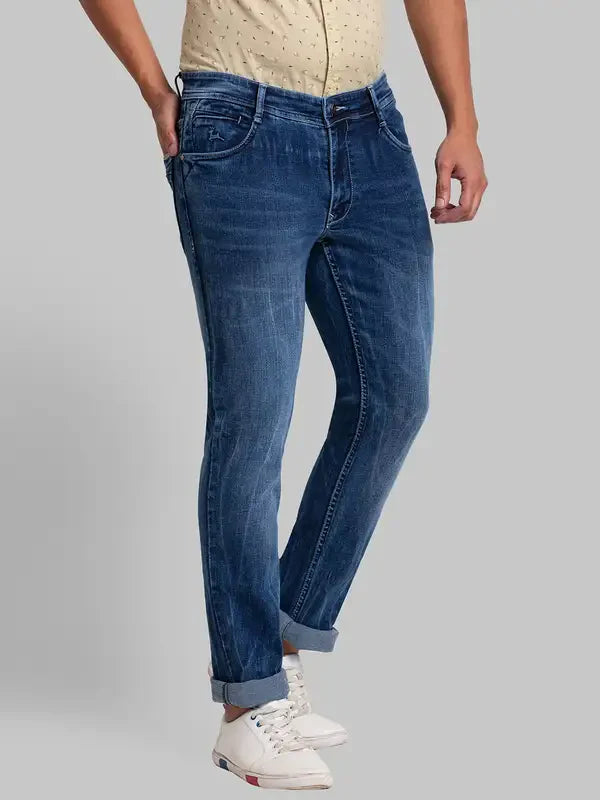 Men Blue Slim Tapered Fit Jacquard Cotton Blend Jeans