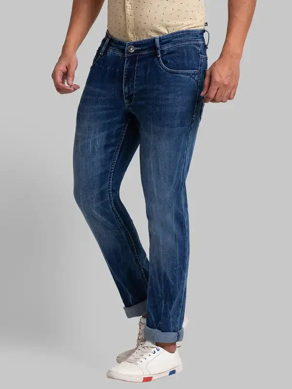 Men Blue Slim Tapered Fit Jacquard Cotton Blend Jeans