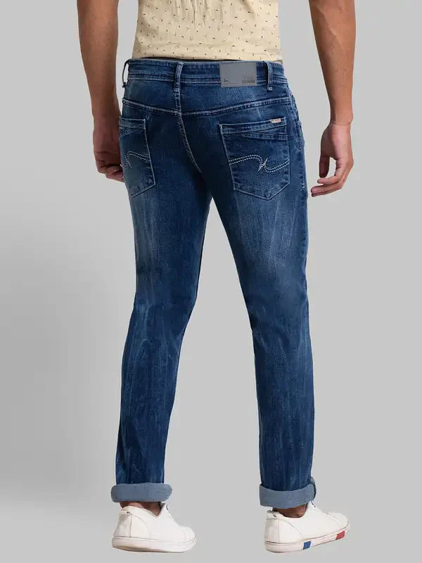 Men Blue Slim Tapered Fit Jacquard Cotton Blend Jeans