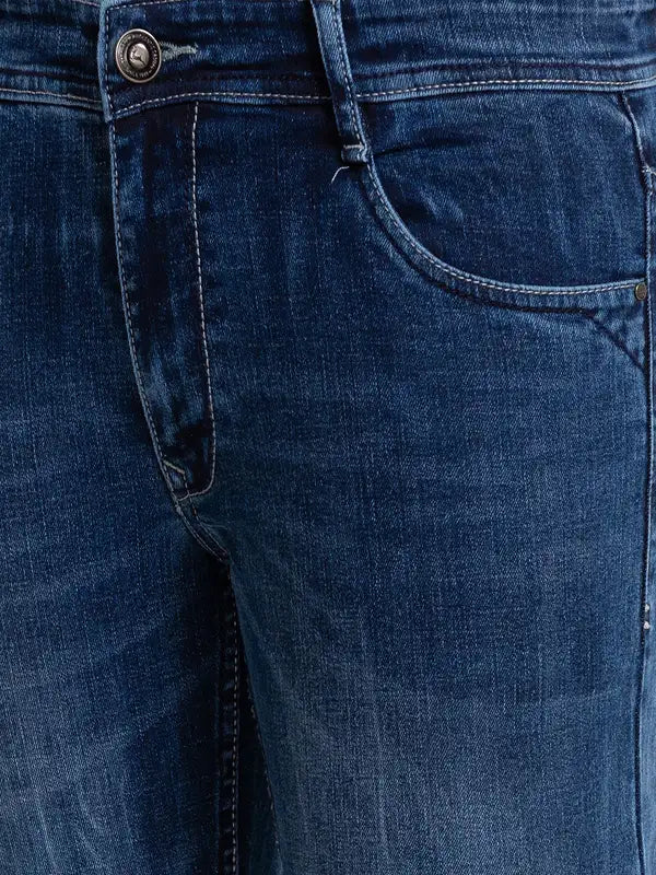 Men Blue Slim Tapered Fit Jacquard Cotton Blend Jeans