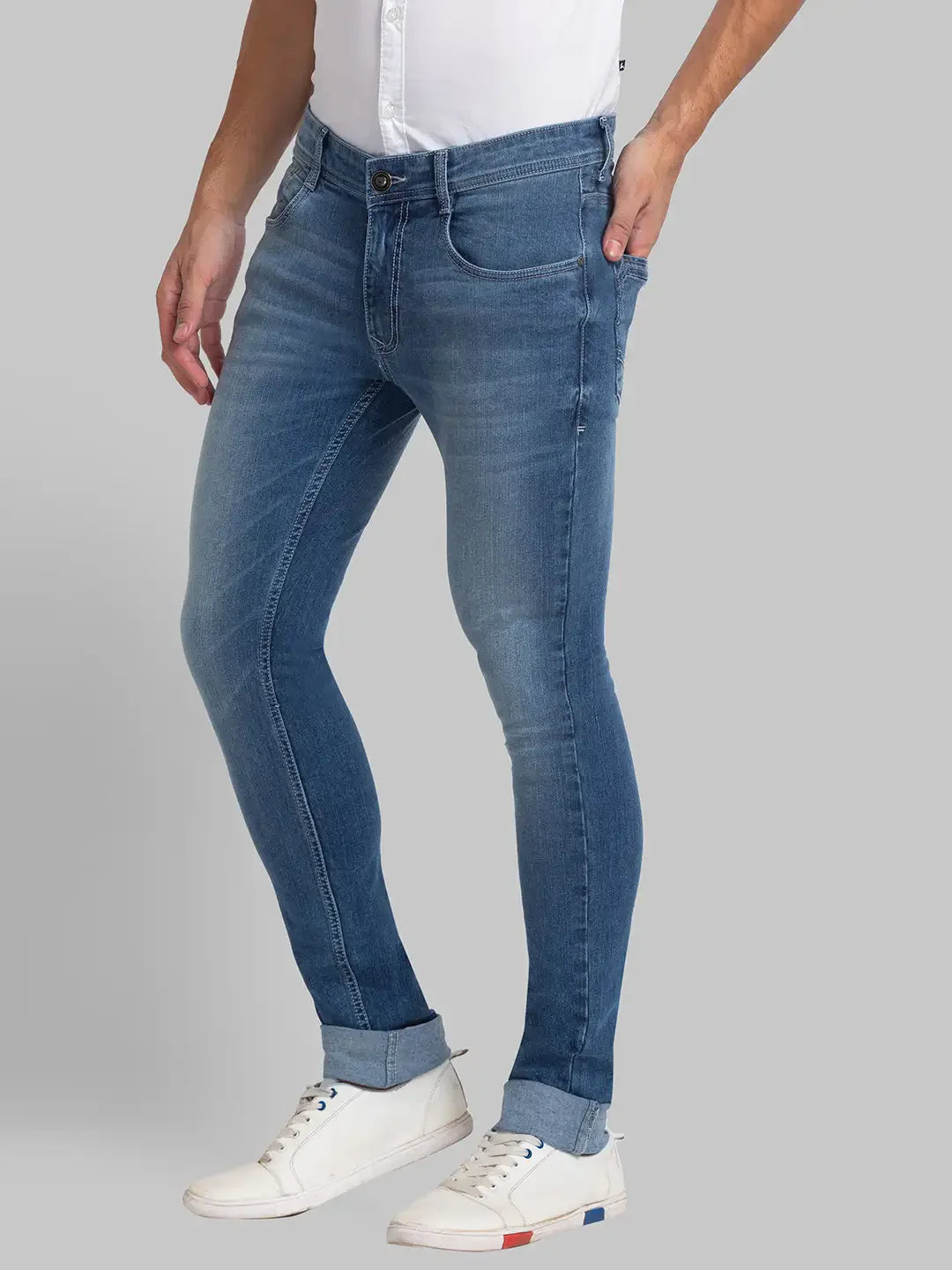 Men Blue Skinny Cropped Fit Plain Cotton Blend Jeans