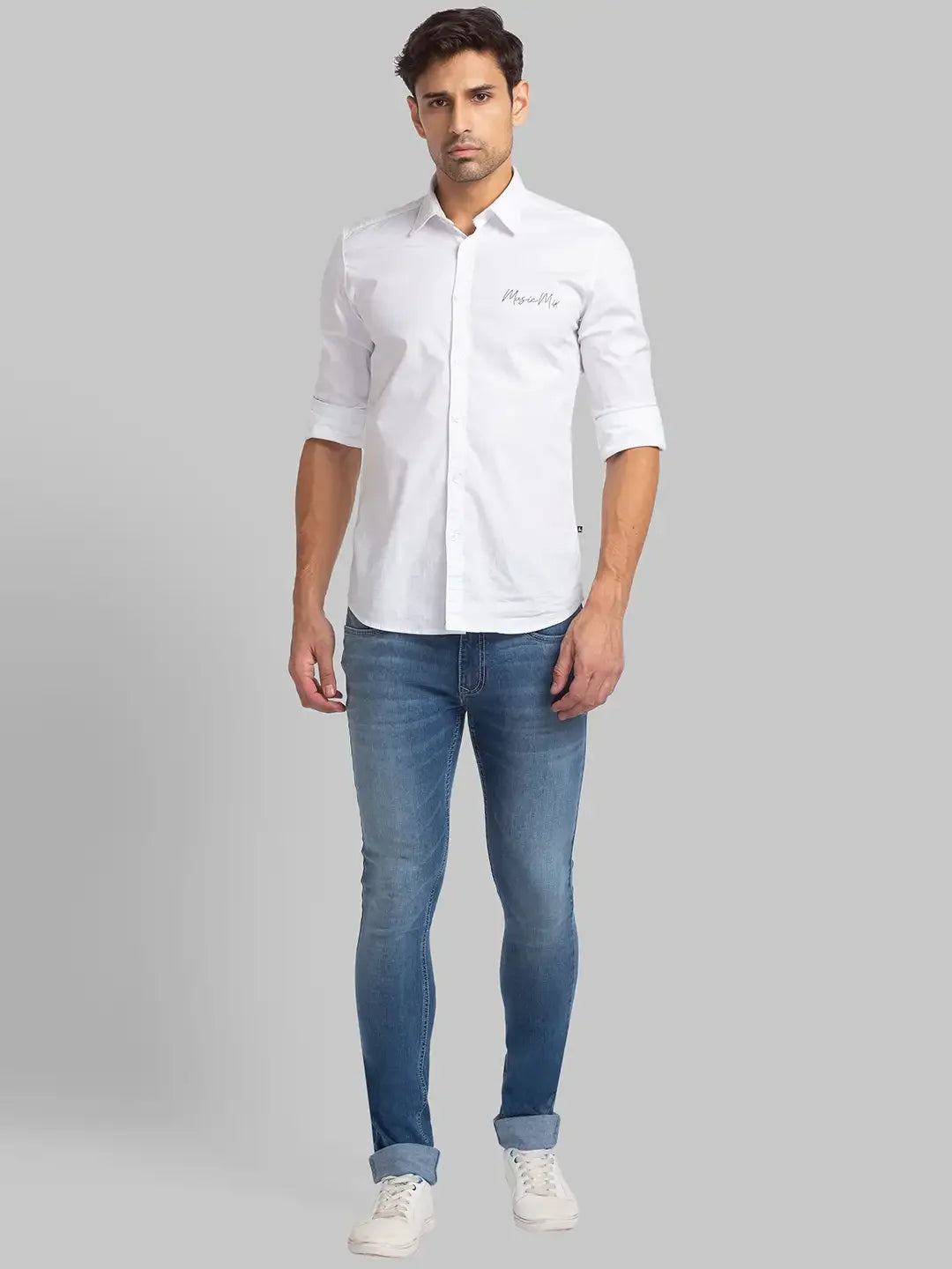 Men Blue Skinny Cropped Fit Plain Cotton Blend Jeans