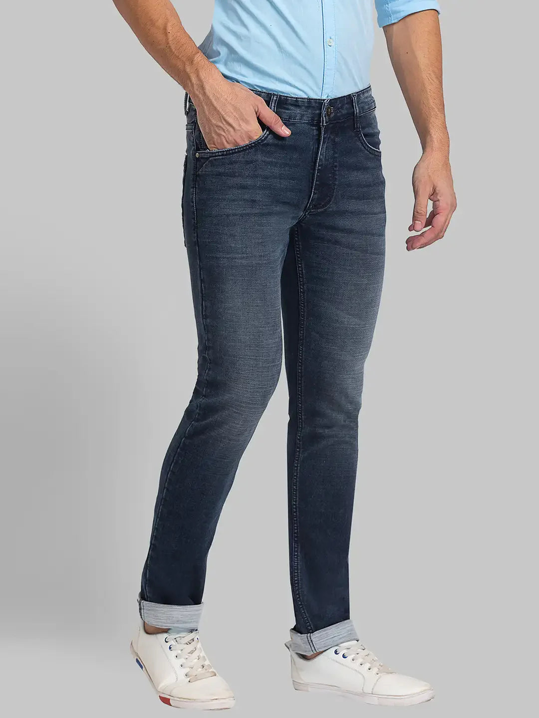 Men Blue Slim Tapered Fit Plain Cotton Blend Jeans