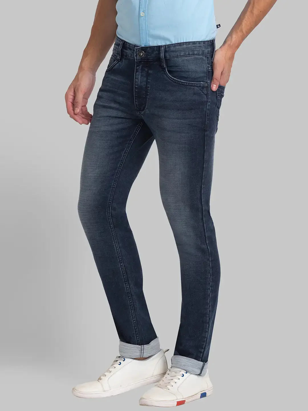 Men Blue Slim Tapered Fit Plain Cotton Blend Jeans