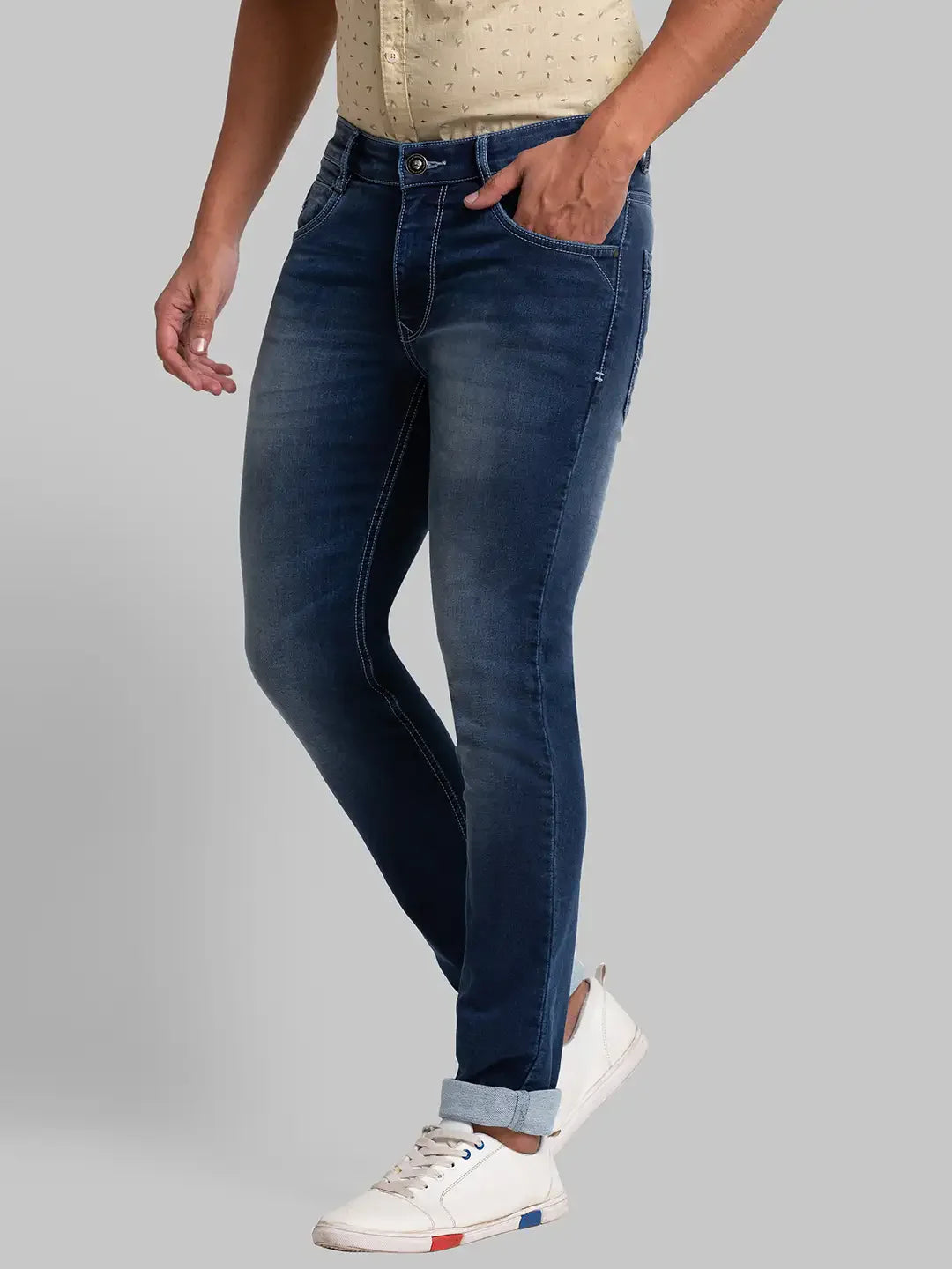 Men Blue Slim Tapered Fit Plain Cotton Blend Jeans
