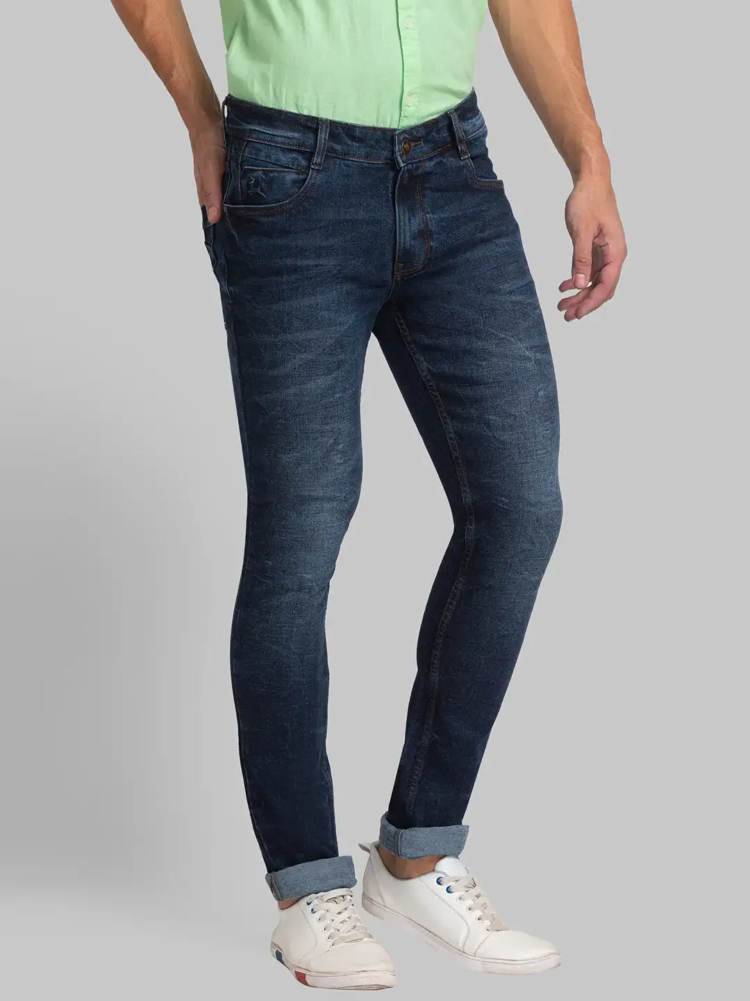 Men Blue Skinny Cropped Fit Plain Cotton Blend Jeans