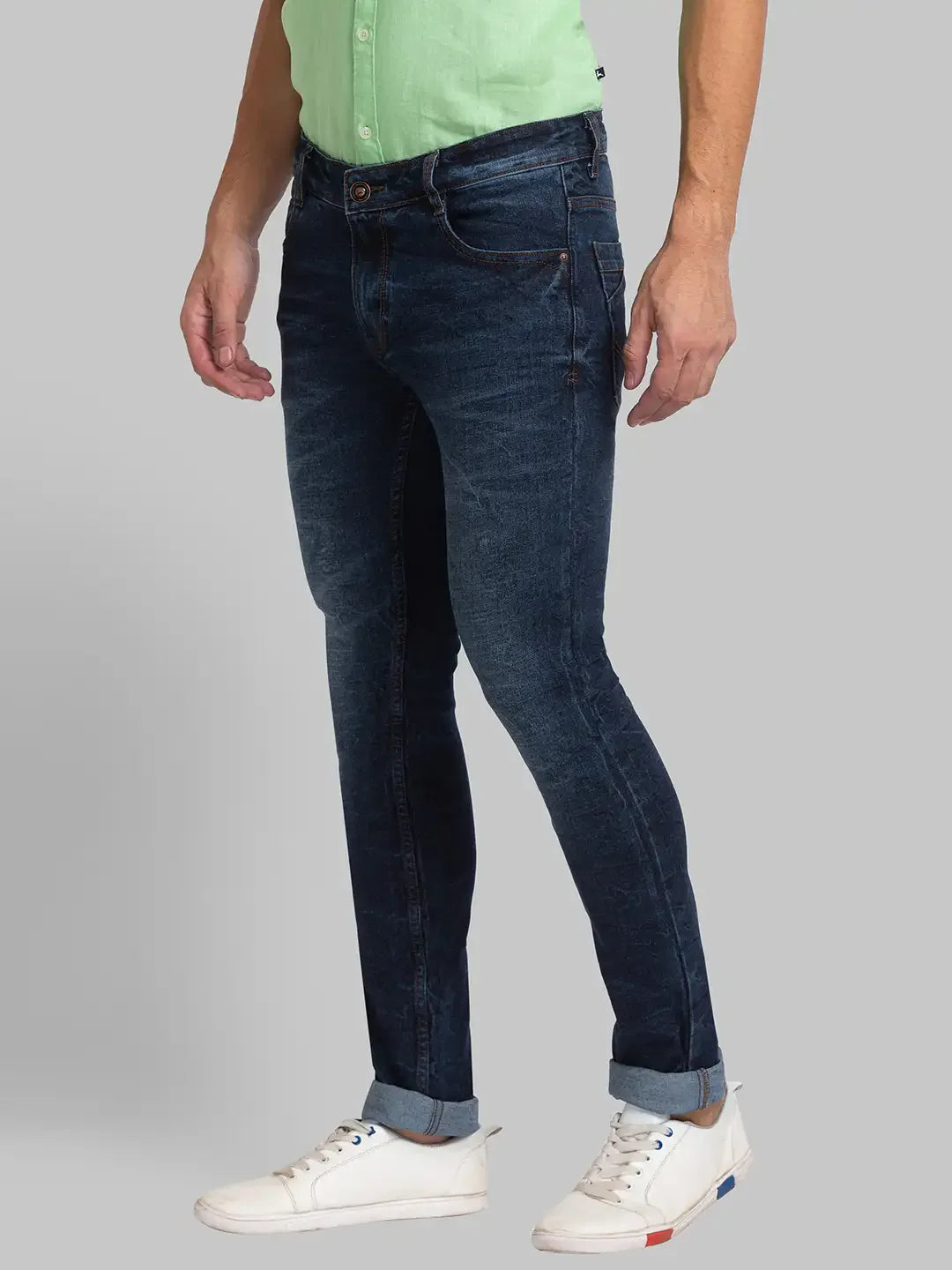 Men Blue Skinny Cropped Fit Plain Cotton Blend Jeans