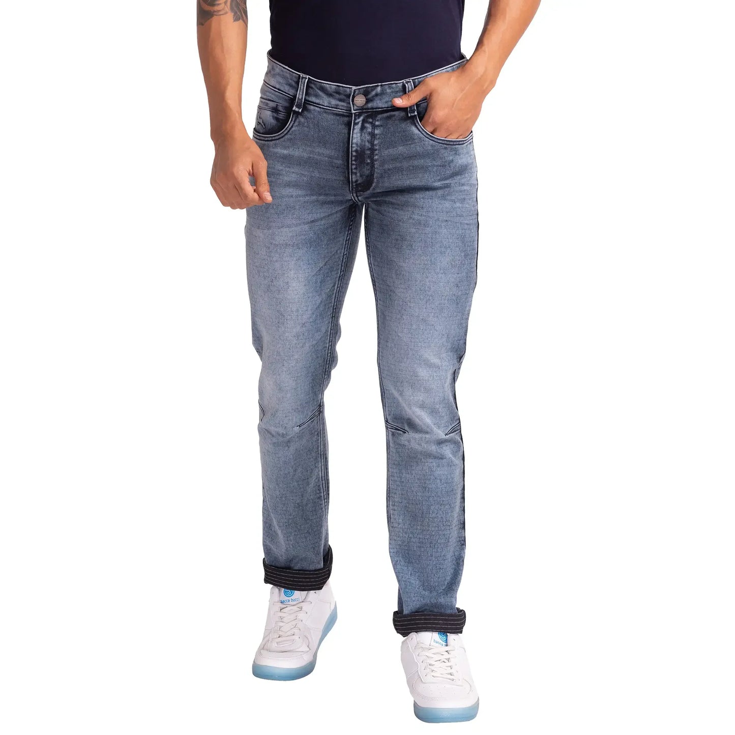 Men Blue Slim Tapered Fit Dobby Cotton Blend Jeans