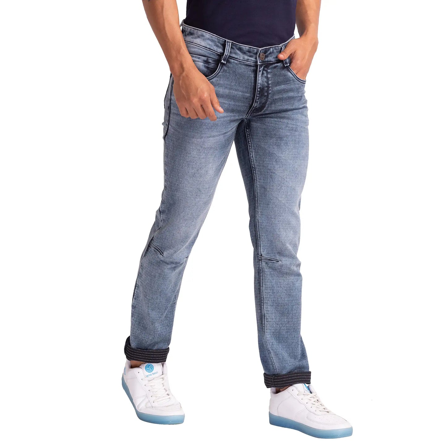 Men Blue Slim Tapered Fit Dobby Cotton Blend Jeans