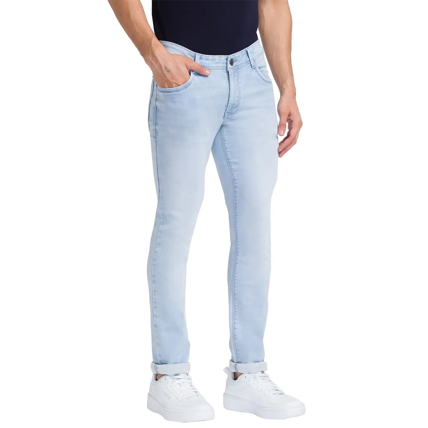Men Blue Slim Tapered Fit Dobby Cotton Blend Jeans