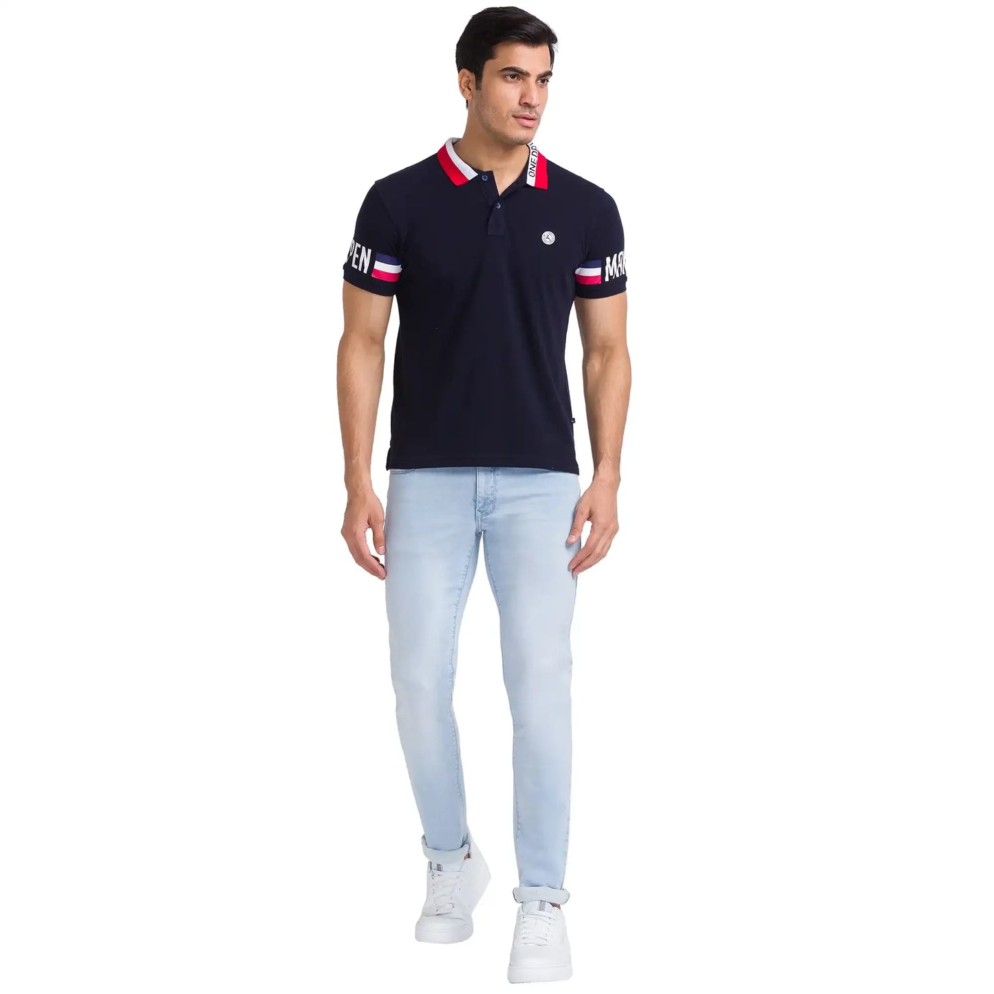 Men Blue Slim Tapered Fit Dobby Cotton Blend Jeans