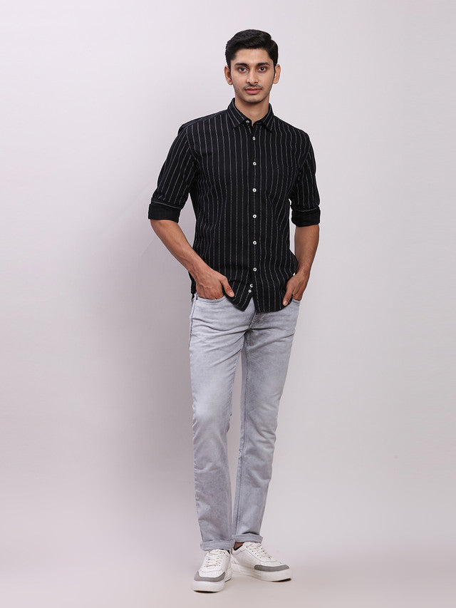 Parx Grey Knitted Low Rise Tapered Fit Cotton Blend Jeans