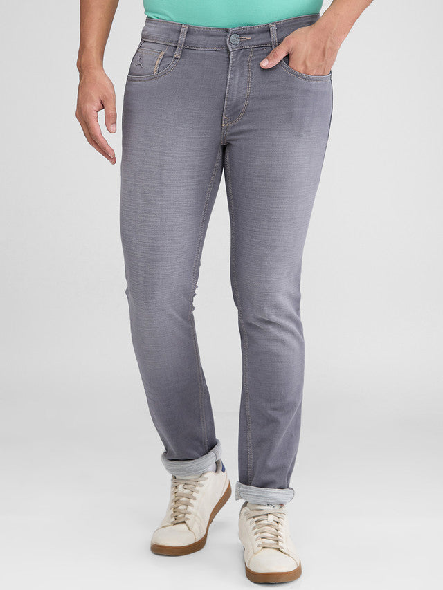 Parx Grey Knitted Low Rise Tapered Fit Cotton Blend Jeans
