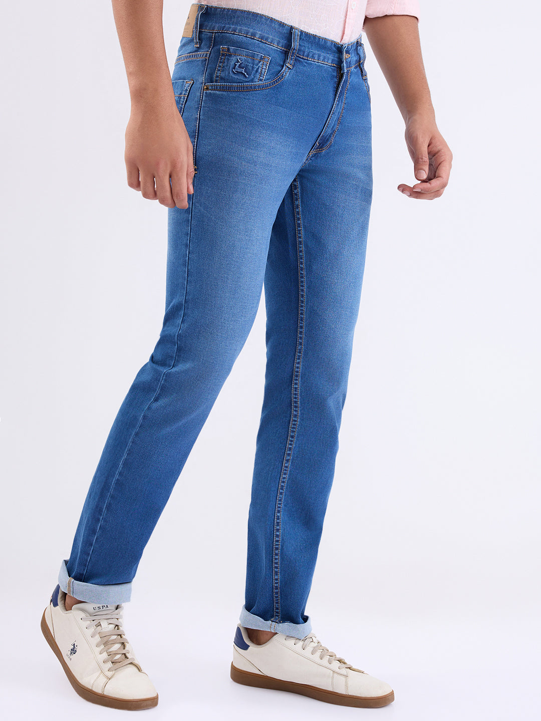 Parx Men Blue Twill Low Rise Tapered Fit Cotton Blend Jeans