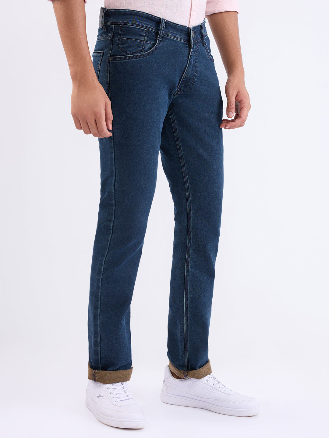 Parx Men Blue Knitted Low Rise Tapered Fit Cotton Blend Jeans