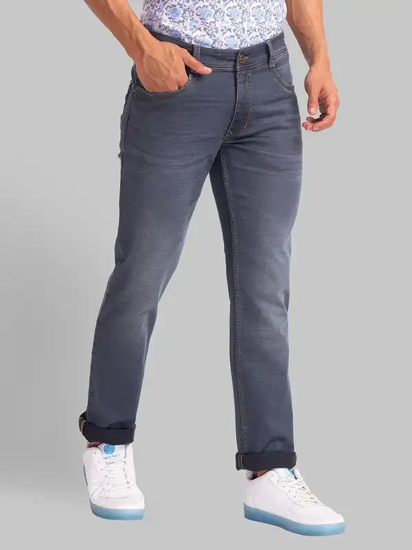 Men Grey Slim Fit Dobby Cotton Blend Jeans