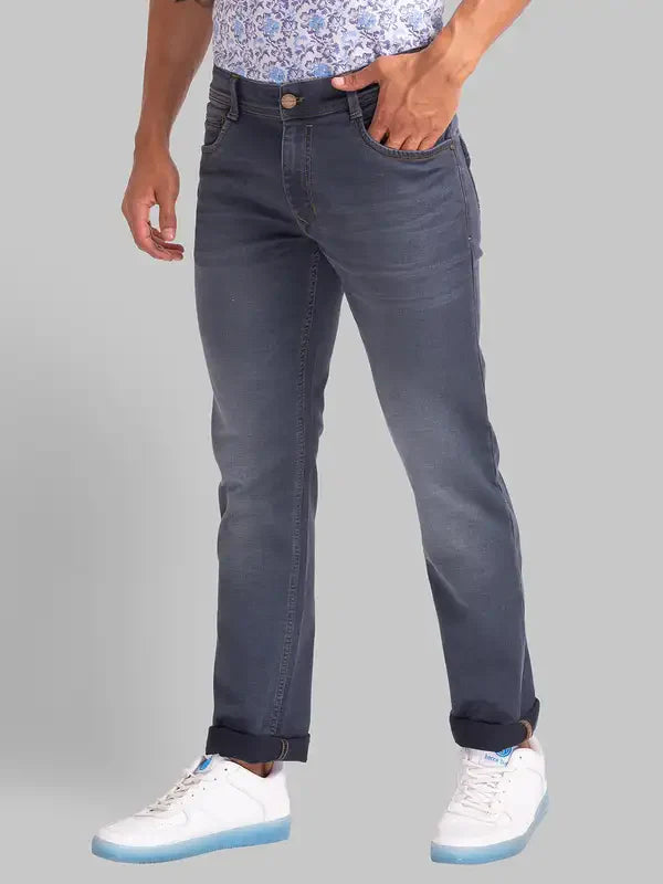 Men Grey Slim Fit Dobby Cotton Blend Jeans