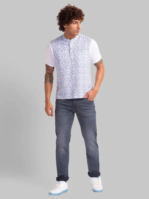 Men Grey Slim Fit Dobby Cotton Blend Jeans