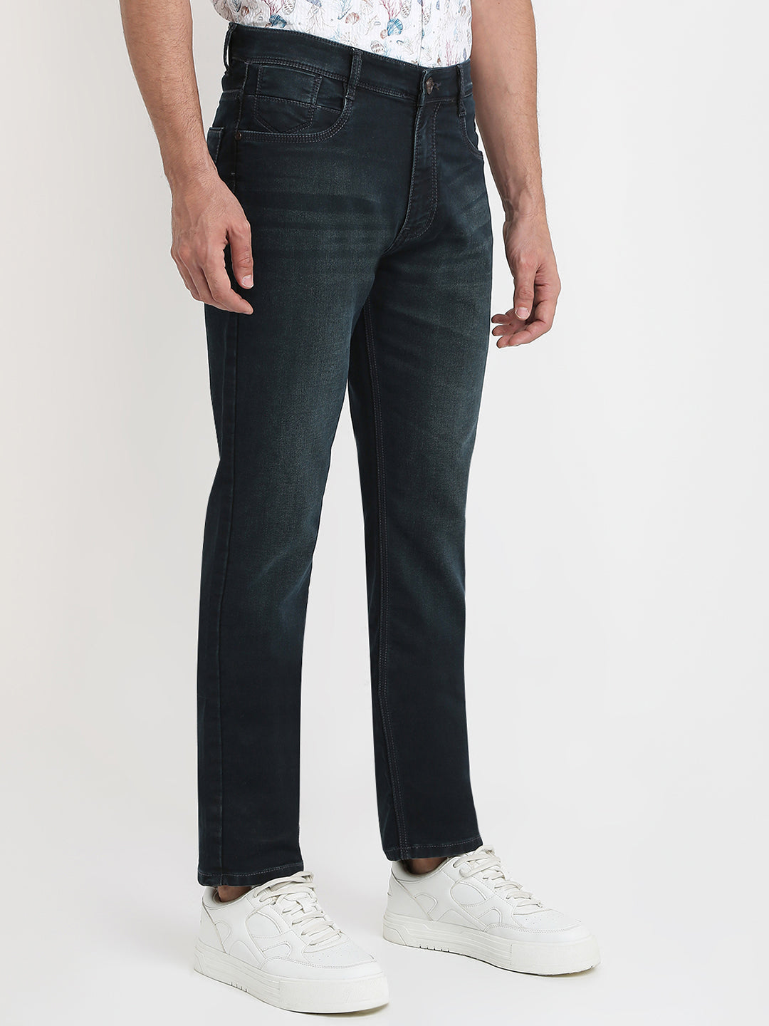 Parx Men Blue Knitted Mid Rise Straight Cotton Blend Jeans