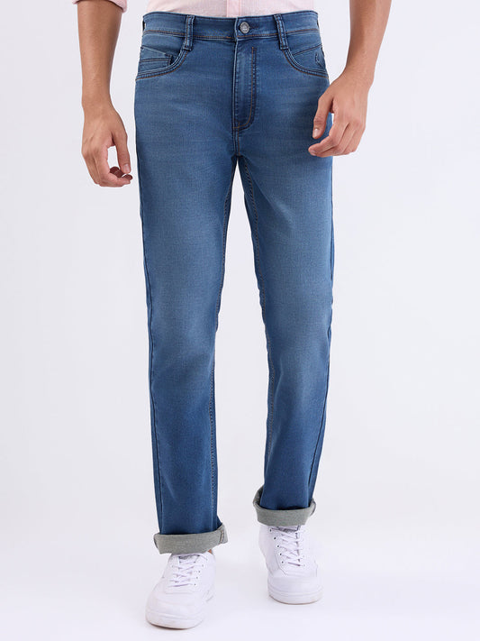 Parx Men Blue Knitted Mid Rise Straight Cotton Blend Jeans