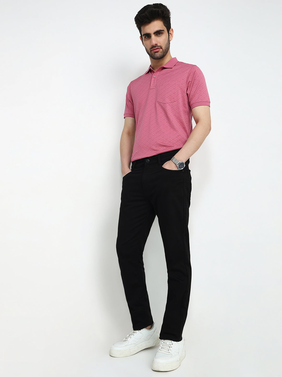 Parx Men Black Knitted Slim Tapered Fit Cotton Blend Jeans