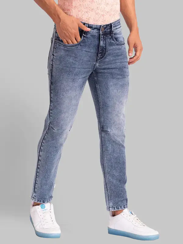 Men Blue Skinny Cropped Fit Dobby Cotton Blend Jeans